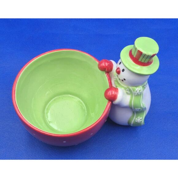 Festive Ceramic Snowman Dip Bowl with Serving Knife Red Green White 8x5x6" - Picture 3 of 8